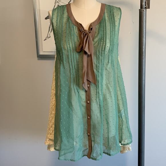 Ryu Sheer Lace Ruffle Green Brown Shirt Dress Boho Fairy Small New with Tags - Picture 2 of 8